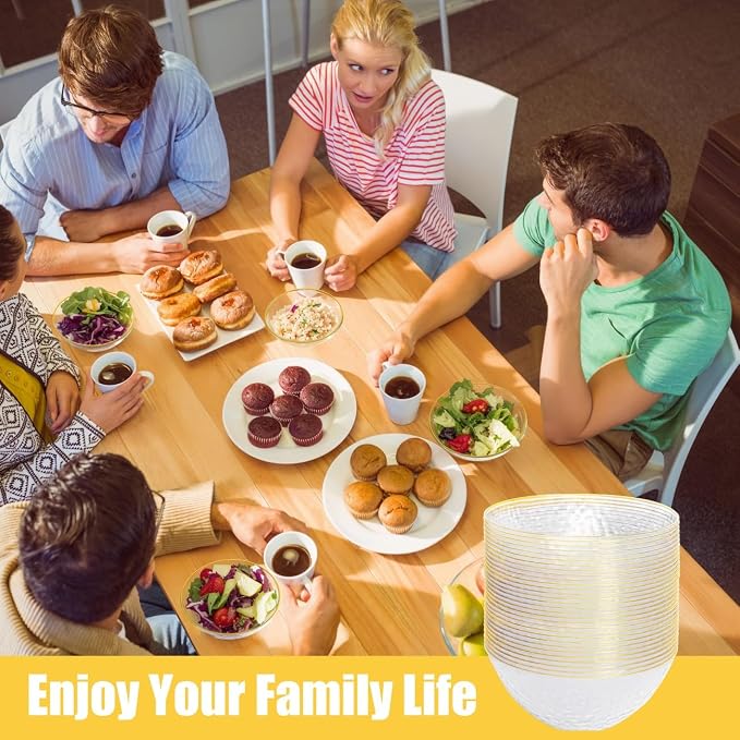 50 Pack 12 Ounce Clear Plastic Bowls Hammered with Gold Rimmed, Heavy Duty Disposable Bowl Set,Small Bowls for Wedding Day