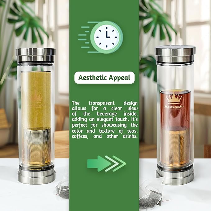 Tea Infuser Bottle for Loose Leaf Teas, 400 ml / 13.5 fl oz | Double Wall Glass Tea Bottle with Infuser, Insulated Tea Tumbler, Leak Proof Water Bottle with Protective Travel Sleeve
