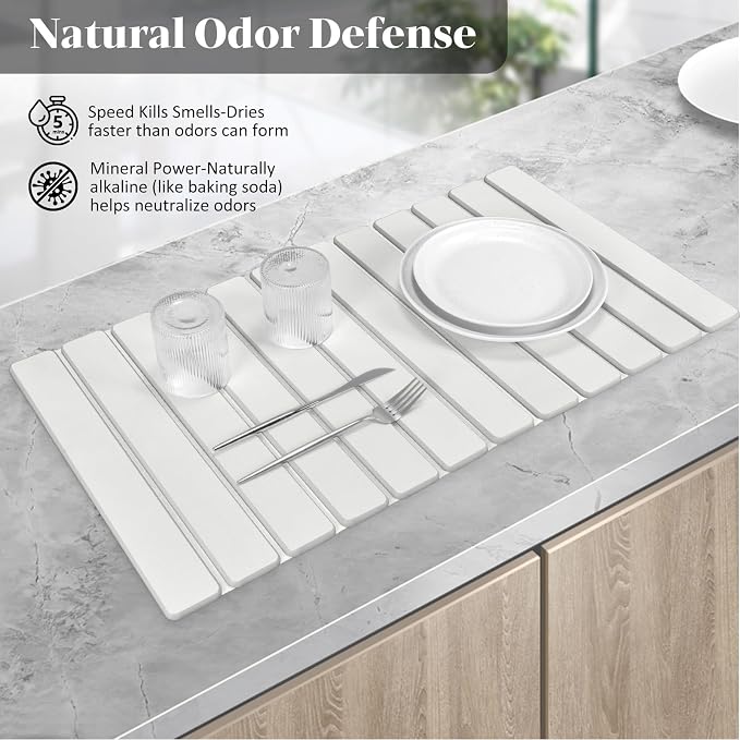 Large Stone Dish Drying Mat for Kitchen Counter, Foldable Quick Drying Dish Mats, Ultra Absorbent Diatomaceous Earth Mats for Dishes Bottles Cups, Match Any Countertop (White 28"×16" & 8"x4")