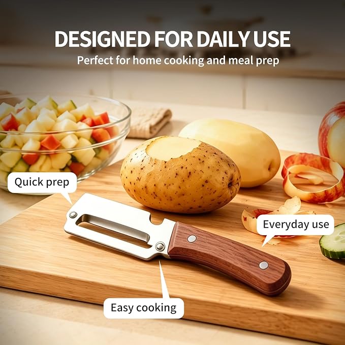 Multi-Functional Vegetable Peeler for Kitchen, Ultra-Sharp Stainless Steel Blade with Wooden Handle and Bottle Opener,2-in-1 Stainless Steel Kitchen Tool for Fruit Apple Potato Pumpkin Papaya