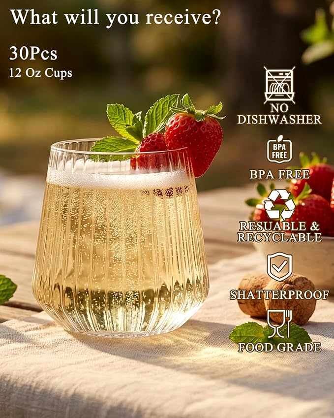 Ciaell 30 Pack Plastic Wine Glasses for Weddings Outdoor Gatherings | 12 oz Ribbed Origami Stemless Wine Cups, Heavy Duty Plastic, Champagne Wine Cocktails Whiskey for Parties Bars Birthdays