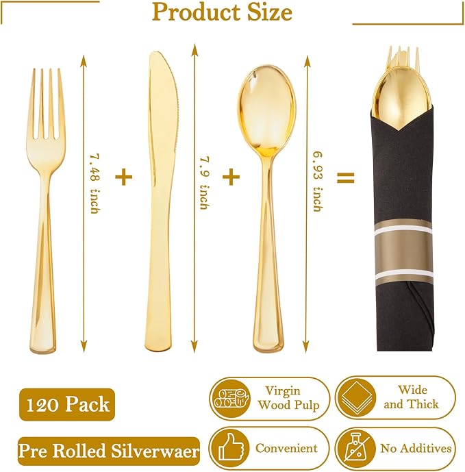 120Pack Pre Rolled Black and Gold Plastic Silverware Set | Heavy Duty Disposable Wrapped Cutlery with Napkin Gold Plastic Utensils for Wedding, Birthday, Party& Banquet