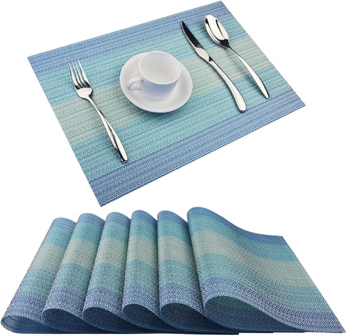 Plastic Placemats,Non Slip Washable Placemats for Dining Table Wipe Clean Table Mats Set of 6(Blue)