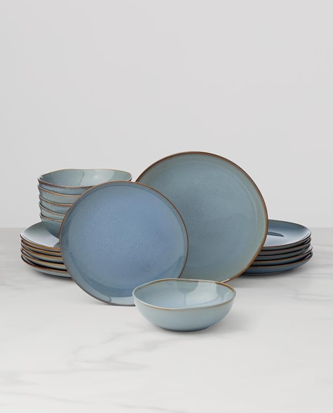 Oneida Organic Shades Blue Stoneware 18-Piece Dinnerware Set for 6 | dishwasher safe | plates and bowls sets for kitchen and dining | 10.25 inch plate, dish set, dishes | 2 inch, 28oz