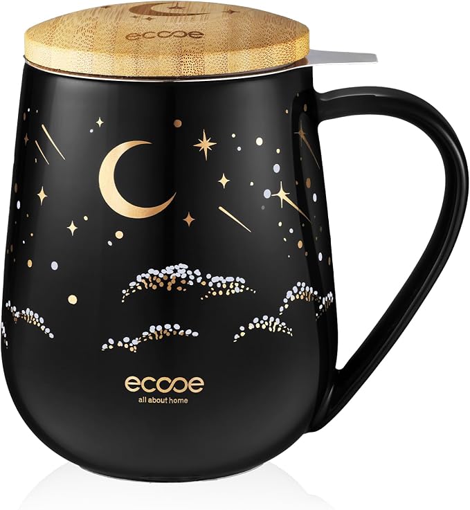 ecooe Tea Infuser Mug 20.3oz Ceramic Tea Cup with Removable Stainless Steel Infuser and Lid, 600ml Tea Mug for Loose Leaf Tea Coffee Milk, Gifts for Women Parents Friends Office Home (Black) | 600ML Large Capacity, with Stainless Steel Infuser/Lid, for...