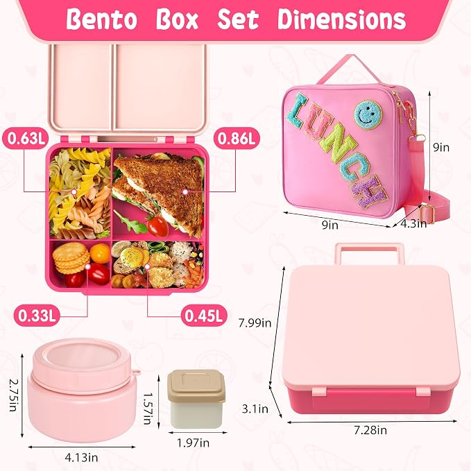 Aimsnk Lunch Box Kids with Thermo Insulated Lunch Bag for School, Pink | Bento Lunch Box for Kids with 8oz Food Jar, Leak Proof Hot Lunch Containers with 4 Compartment, Warm Lunchbox for Toddler