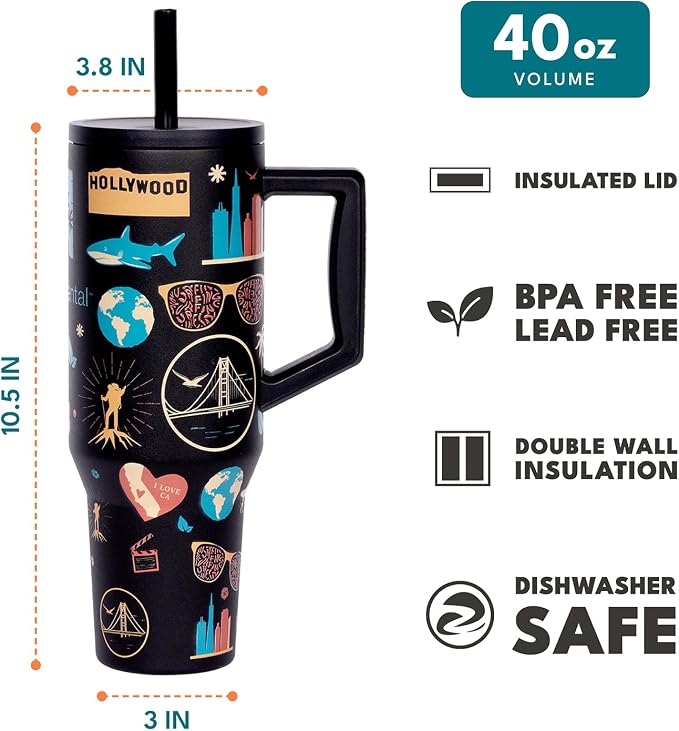 Elemental Spill Proof 40oz Insulated Tumbler with Handle & Straw Travel Mug | Stainless Steel Commuter Travel Coffee Mug for Cold Beverages, Includes 2 Straws & a Spill Proof Lid for Everyday Use