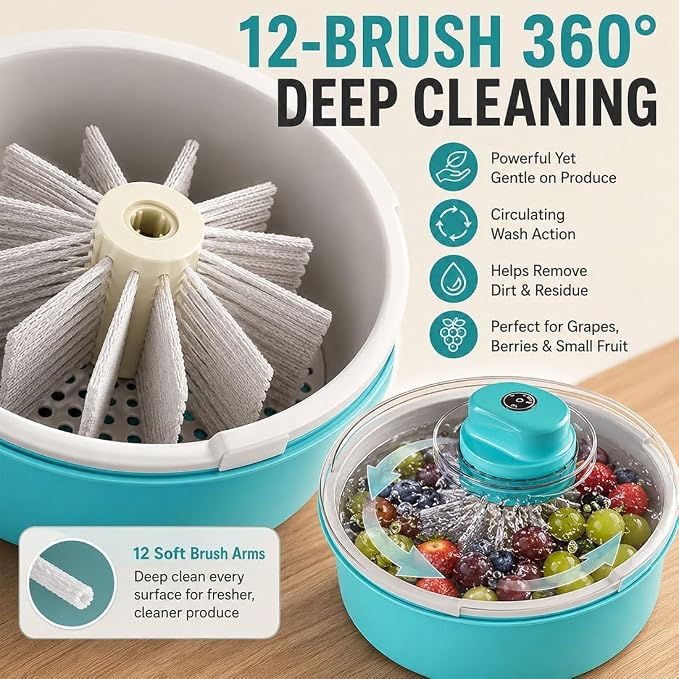Electric Salad Spinner and Produce Washer, Cordless Fruit Cleaner Spinner with Non-Slip Base, Multifunctional Vegetable Dryer for Lettuce Greens Berries，Blue