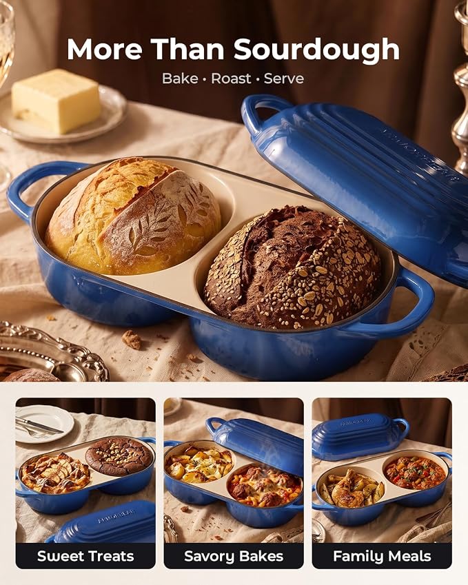 Mini Double Dutch Oven for Sourdough, Enameled Cast Iron Bread Pan, Blue | Double Loaf Bread Pan with Lid, Mini Sourdough Dutch Oven for Bread Baking
