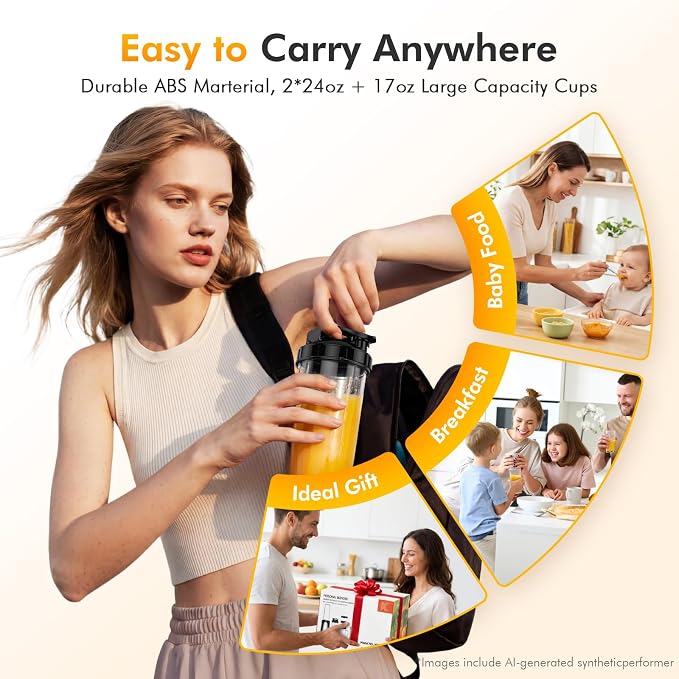 KOIOS 1000W Smoothie Blender, 15-in-1 Single Serve Set, Press-Twist Design | Personal Blender & Kitchen Countertop Smoothie Maker with 2x24oz+17oz Cup, Detachable 4-Blade, Frozen Drinks, Protein Shakes