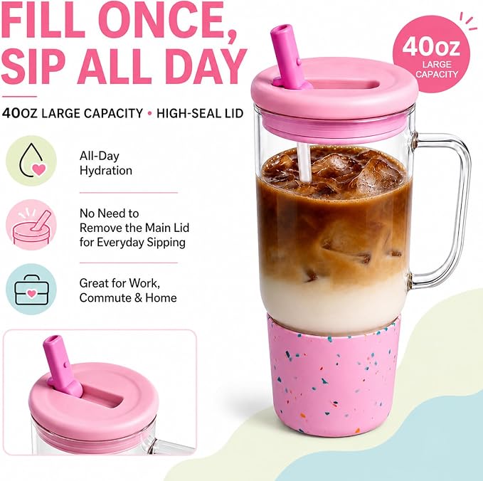 40oz Glass Tumbler with Flip Straw Lid, Handle, Silicone Sleeve, Pink | Leakproof Lid, Fits Car Cup Holder Glass for Iced Coffee, Water, Cold Drinks, Travel, Outdoor, Partys&Home
