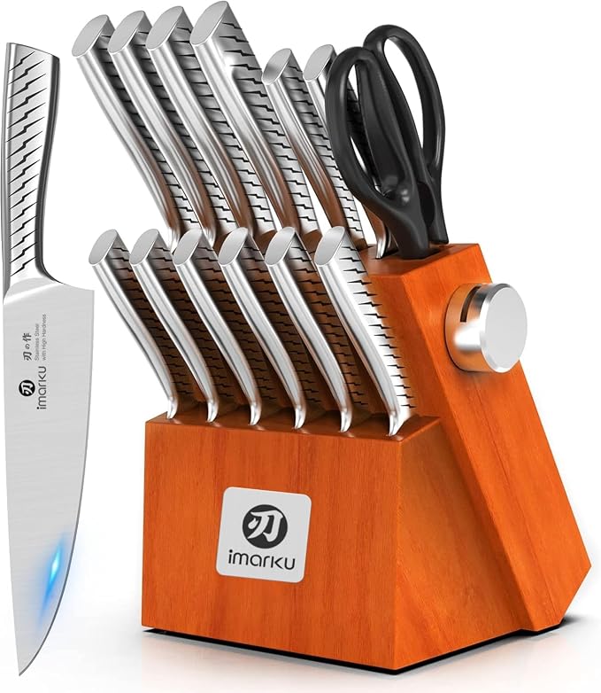 imarku® Knife Set, 14PCS Knife Sets for kitchen with block, One-Piece Kitchen Knife Sets with Built-in Sharpener, Stainless Steel Chef Knife Set with Lightning Stripes Handle, Dishwasher Safe(Wood)