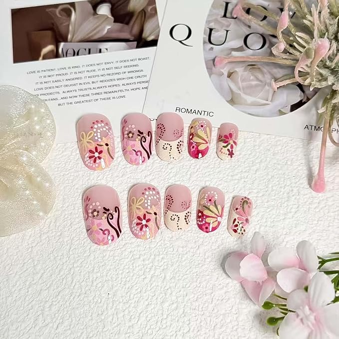 24Pcs French Tip Press on Nails Medium Almond Floral Fake Nails Colorful Flower & Dot Design False Nails Reusable Glossy Glue on Nails for Women Spring Summer Nail Decoration