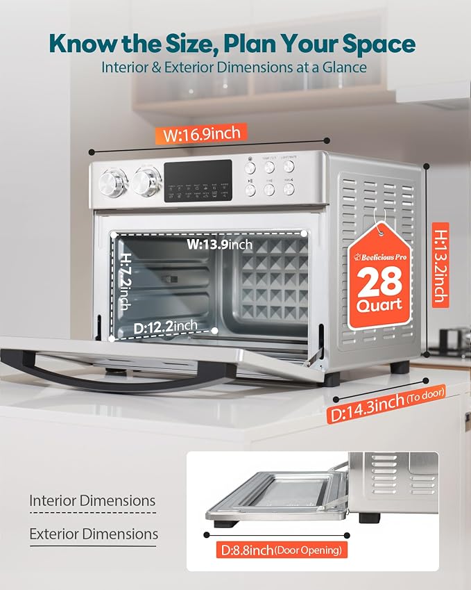 28QT Air Fryer Toaster Oven Combo, Large 12-in-1 Convection Countertop Oven with Next-Gen HeatWave Convection, 3-Layer Cooking, Rotisserie for Chicken, Fits 11" Pizza, All Accessories, Stainless Steel