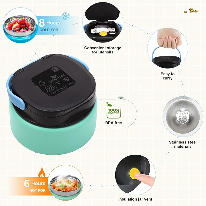 Game Bento Box for Kids, Lunch Box with Thermo(9oz Food Jar), Folding Spoon, Removable Divider & Sauce Cup, Lunch Box Kids for School,Travel, BPA-Free & Realistic Shape(Blue-Green)