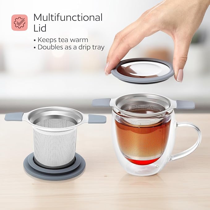 Stainless Steel Tea Infuser for Loose Leaf Tea – Extra Fine Mesh Strainer with Heat Proof Double Handles & Lid, Reusable Filter Fits Mugs, Cups & Teapots, Gray
