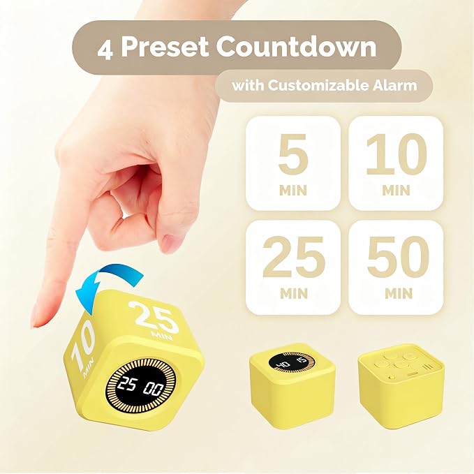 KADAMS Timer Pomodoro - Productivity Pomodoro Cube, 5/10/25/50 Min Countdown & Countup, Silent – for Work Study Workout Kitchen School Classroom Office ADHD Gift Kids (1, Yellow)
