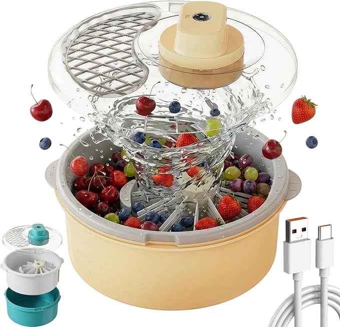 2026 Multifunctional Electric Fruit Cleaner＆Salad Spinner, Upgraded Fruit Washer Spinner Bowl with Non-Slip Base,Ultra-Fast Spin-Drying with One Touch，Yellow