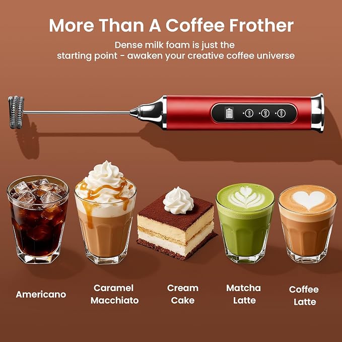 YUSWKO Milk Frother Wand for Coffee, Coffee Frother Handheld Drink Mixer | Rechargeable Mixer Wand, Waterproof Electric Whisk for Protein Powder, Lattes, Cappuccino, 3 Variable Speeds 3 Whisks, Red
