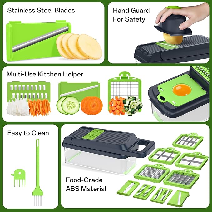HomeHacks Veggie Chopper Vegetable Cutter, 15 in 1 Kitchen Gadget, Green | Dicer, Slicer, Cutter, Slap Chop, Cheese Grater & Egg Separator - Multi-Functional Salad Fruit Onion Chopper with Container