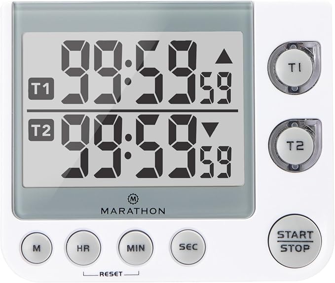 MARATHON Dual Digital Timer, 100-Hour Count Up/Down, Large Display, White | Adjustable Alarm Volume, Flashing Visual Alert, Magnetic Back and Tabletop Stand