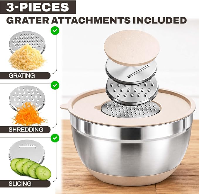 Four Flowers Heavy-Duty Mixing Bowls Set with airtight lids – 11 PCS Stainless Steel Nesting Kitchen Bowls, Mixing Bowls with Non-Slip Bottoms and Grater Attachment, Best for Mixing and Serving