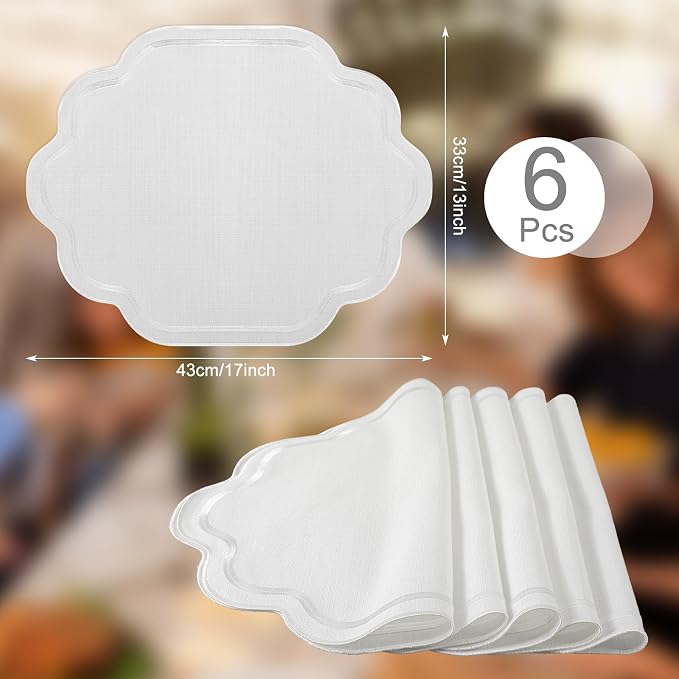 Scalloped Cotton Placemats Set of 6, 17x13 Inch White Embroidered Table Mats, Double Layered Machine Washable Place Mats for Wedding, Party & Dining Room Decor