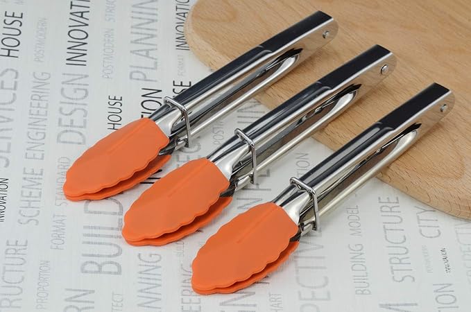 HINMAY 7-Inch Silicone Tipped Kitchen Tongs, Set of 3 (Orange)