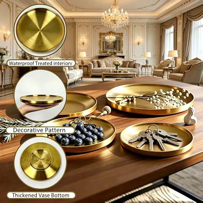 Gold Decorative Serving Tray, 304 Stainless Steel Double-Layer Hollow Bowl, Anti-Scald & Heat-Resistant, Multipurpose Fruit Bowl Jewelry Dish Candle Plate for Dining Table Bathroom Home（9.1inch）
