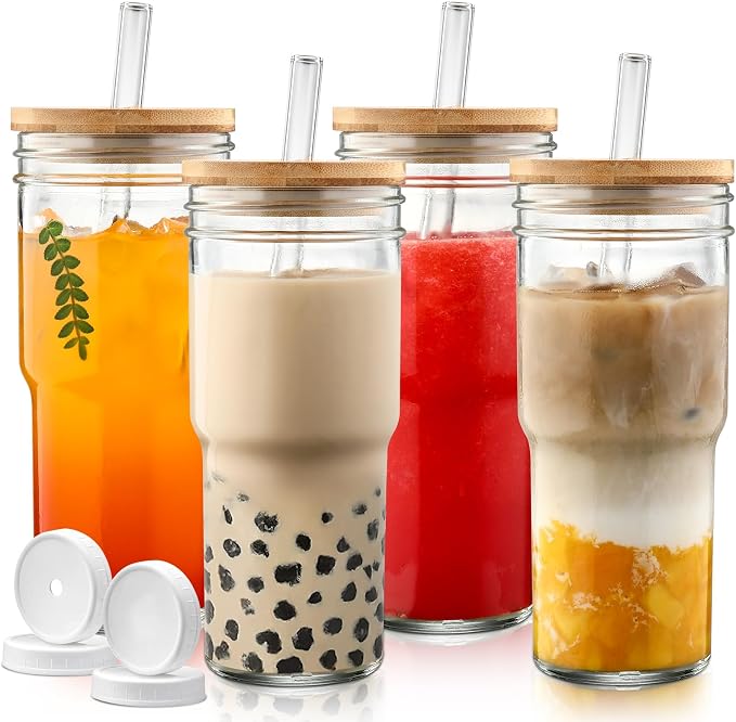 DWTS DANWEITESI Mason Jar with Lid and Straw,24 oz Iced Coffee Cup with Bamboo Lid and Straw,Boba Cups Smoothie Tumbler-Wide Mouth Reusable Glass Cups with Lid and Straws【4 Pack】 710ml