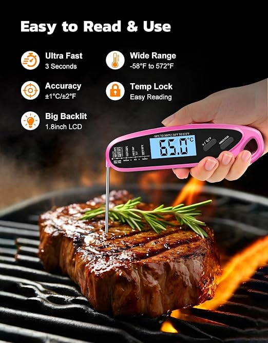Instant Read Meat Thermometer Digital with Dual Probe | Large Backlit, Food Thermometer for Cooking, Grilling, Smoker, BBQ, Candy, Oil Fry, Pink Kitchen Accessories, Gift for Women