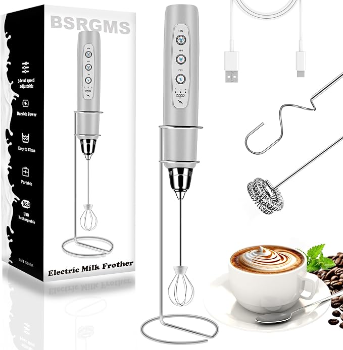 Milk Frother Wand Rechargeable Handheld Whisk Coffee 3 Speed Adjustable | Electric Whisk Drink Mixer with Stainless 3 Whisks Hand Frother , Foam Maker for Latte Cappuccino Matcha Egg Silver