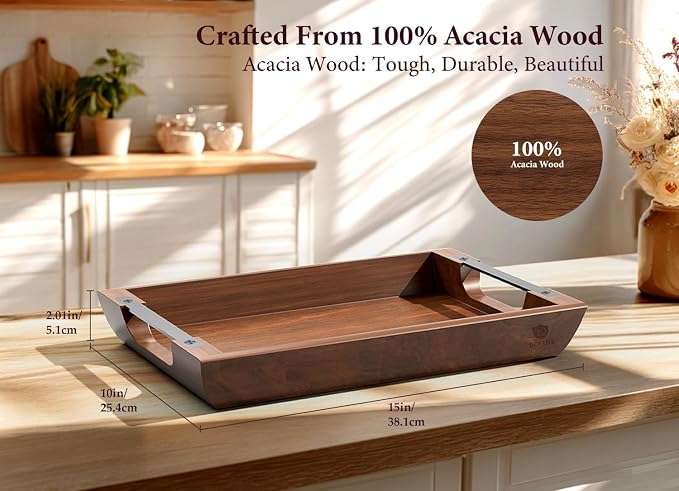Acacia Wood Serving Tray, 15×10in Tray for Ottoman, Space-Saving | Coffee Tray with Metal Handles, Rustic Wooden Breakfast and Drink Tray, Perfect for Sofa Arms, Bedside Tables, or Office Desk