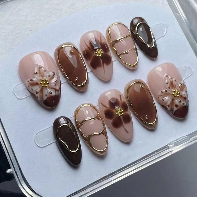 3D Flower Press On Nails Medium Almond Fake Nails Nude Brown Nails with Floral & Gold Pearl Design Full Cover False Nail Tips Chrome Line Vintage Fall Glue on Nails for Women Acrylic Manicure 30Pcs