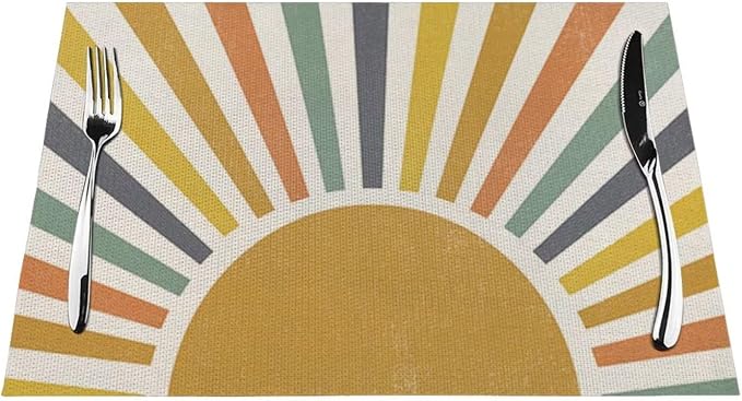 Summer Boho Placemats Set of 4, Yellow Stripes Sunshine Decorative Table Mat 12 x 18 Inch Heat Resistant Non Slip Line Fabric Rainbow Sun Place mat for Holiday Party Kitchen Dining Decor
