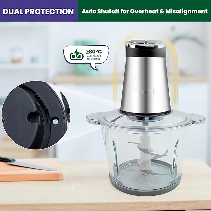 BUMET 800W 2-12cup Food Chopper LED Timer 3-Tier 6 Blades | duo-bowl with LED countdown, 6-edge stainless tier-cutter. Handles roasts, root veg, nuts – bulk family prep made easy.
