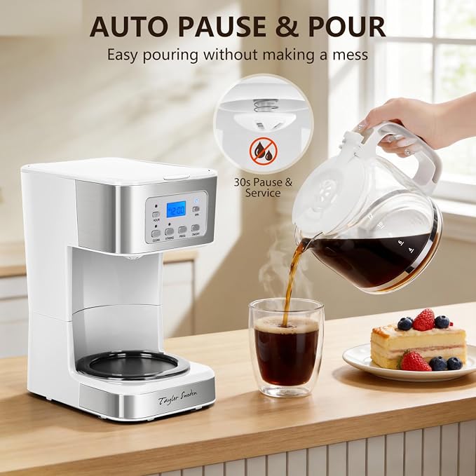 Taylor Swoden 12-Cup Programmable Coffee Maker, White & Stainless Steel | Regular & Strong Brew Drip Coffee Machine for Home and Office, Glass Carafe, Pause & Serve, Auto Shut Off