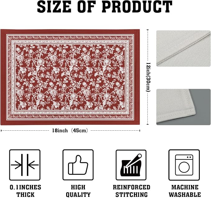 Red Placemats Set of 4，Vintage Chinoiserie Flower Branches Place Mats Heat Resistant Dining Table Mats 12 x 18 Inch Non-Slip Washable Desk Mats for Party Kitchen Dining Decoration