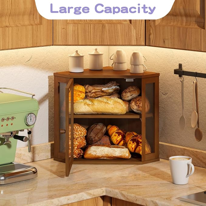 Corner Bread box for Kitchen Countertop,Farmhouse Bread Box with Acrylic Wavy Door Panel,Large Bread box for kitchen countertop,Kitchen Countertop Food Storage Container (Brown, Meduim)
