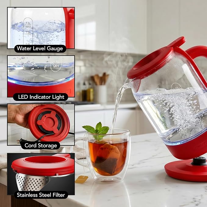 OVENTE 1.5L Glass Electric Kettle Water Boiler, Red KG516R | 1500W Fast Boiling, Easy Fill Lid, Stainless Steel Filter, LED Indicator, Auto Shut-Off, Boil-Dry Protection, 360° Base