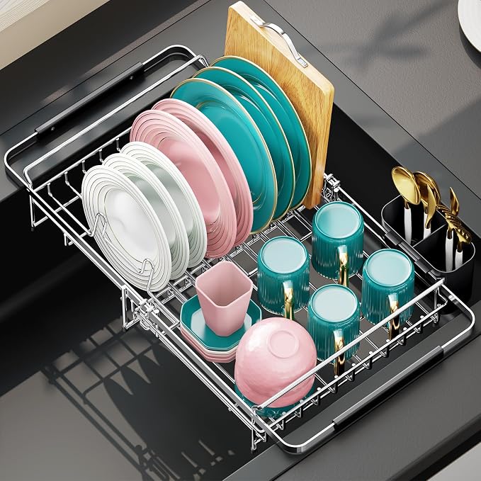 Urackify Expandable Stainless Steel Dish Drying Rack, 13-18 Inch | Expandable design in sink dish rack . Stainless steel with utensil holder, ample storage capacity ideal for small kitchens.