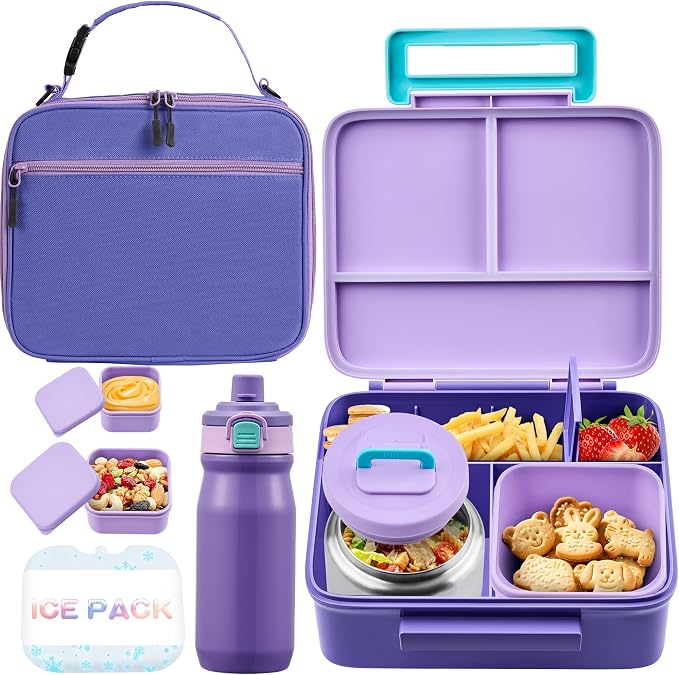 Bento Lunch Box for Kids with Thermo, Leakproof Bento Box with 8oz Insulated Food Jar, Insulated Bottle, Lunch Bag, BPA Free Dishwasher Safe 4 Compartment Container for School Girls Boys (Purple)