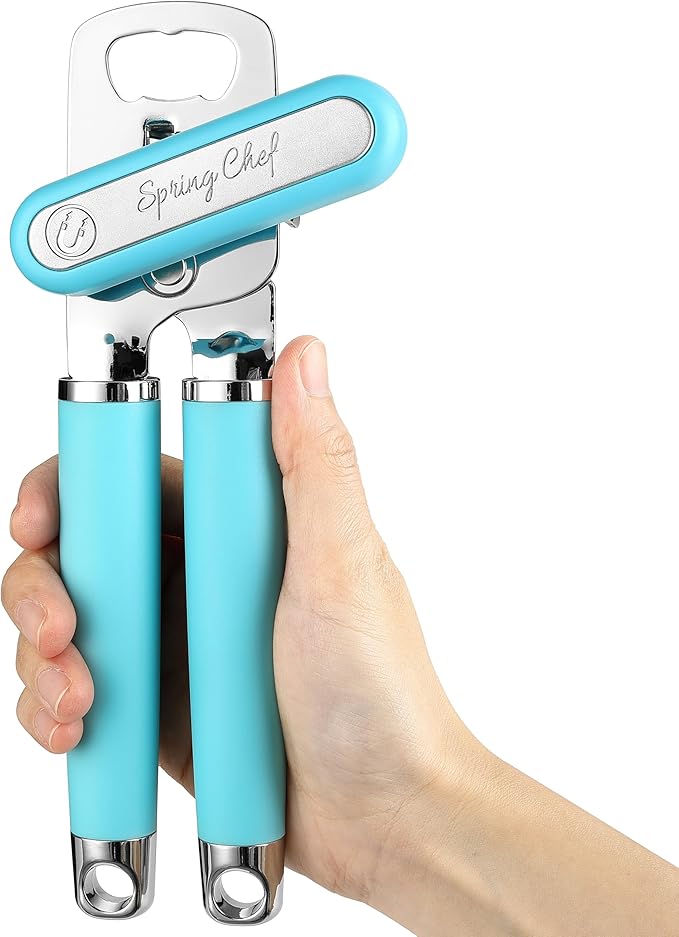 Spring Chef Stainless Steel Manual Can Opener w/Soft Grip Handle, Aqua Sky | Heavy Duty Hand Can Opener for Seniors with Smooth Edge, Easy Turn, 3in1 Can Opener with Magnetic Lid Remover & Bottle Opener