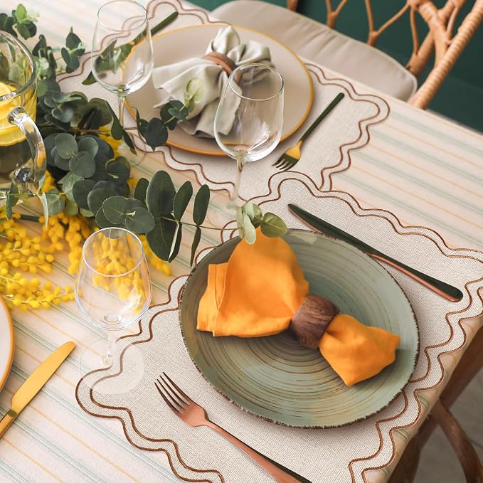 Whaline Beige Linen Placemats Embroidered Scalloped Kitchen Place Mats for Birthday Baby Shower Party Home Dining Table Decor, Set of 6, 13 x 19 in