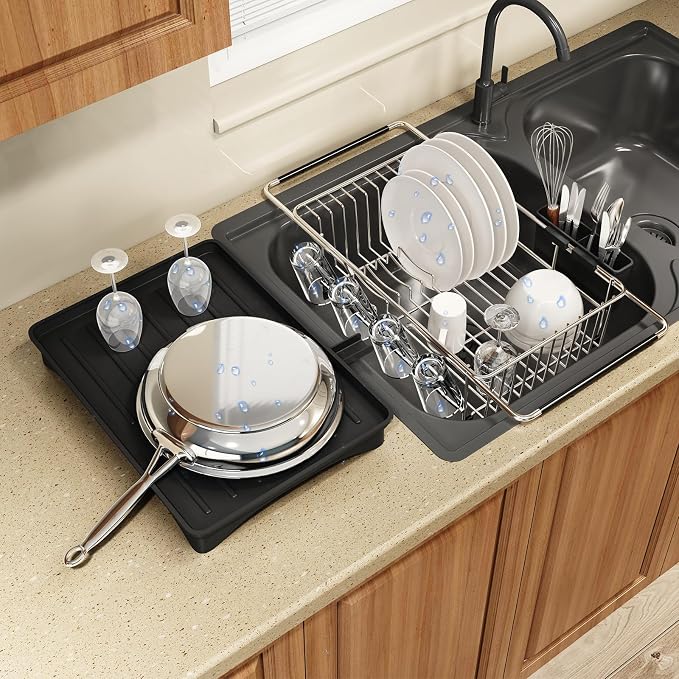 Dish Drying Rack Over The Sink with Utensil Holder, Drainboard | Expandable Stainless Steel Dish Drainer for Small Kitchen, Apartment, RV, Counter Space Saving, Perfect Fit, Rustproof