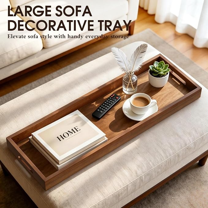 Extra Large Ottoman Tray, 36 x 12 Inches Black Walnut Wooden Tray | Wood Serving Tray with Handles, Rectangular Deccorative Tray, Charcuterie Platter for Meat, Cheese Board, Extra Long 3ft