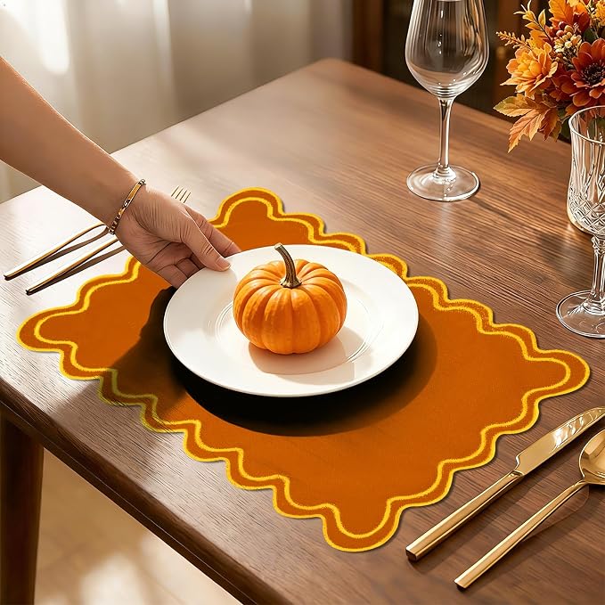 Whaline Orange Yellow Linen Placemats Embroidered Fall Scalloped Kitchen Place Mats for Autumn Birthday Party Home Dining Table Decor, Set of 6, 13 x 19 in
