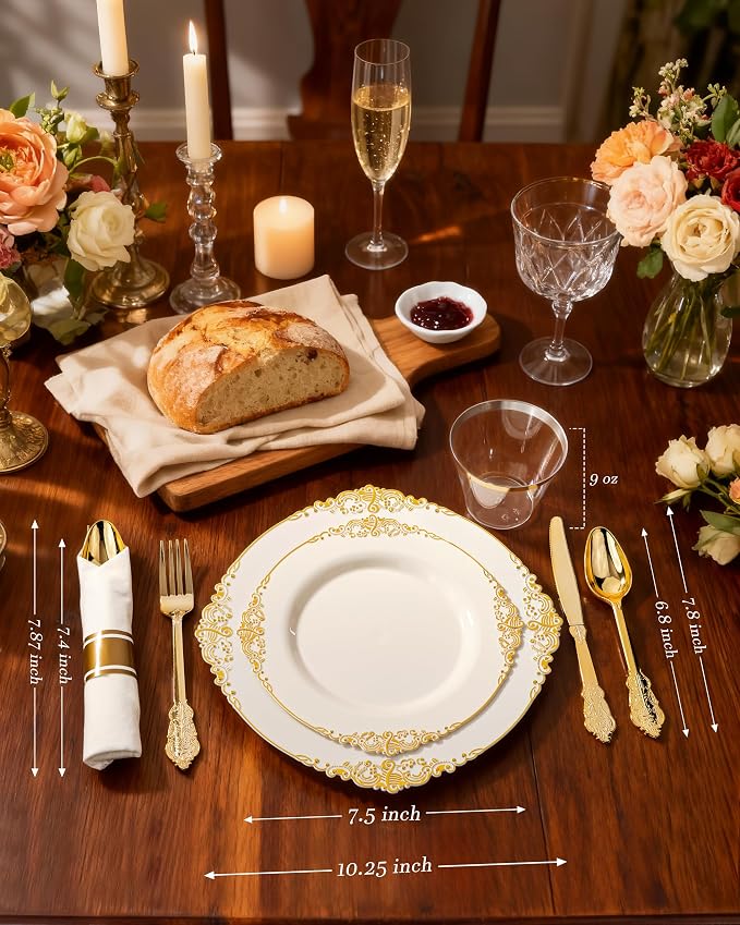 Nervure 175Pcs Ivory Plastic Plates, Disposable Party Plates for 25 Guests | 25 7.5" Dessert & 25 10.25" Dinner Disposable Plates, 75 Gold Cutlery, 25 9oz Cups, 25 Napkin for Wedding & Party, Heavy-duty