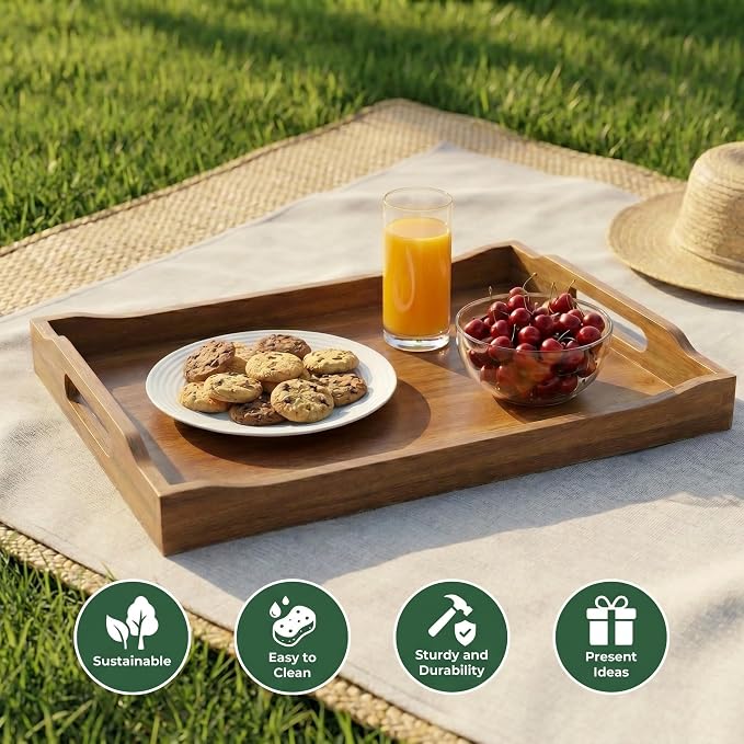 Acacia Wood Serving Trays with Handles, Rectangular Wooden Tray Set of 2 for Breakfast, Coffee Table, Ottoman, Kitchen, Dining, Party and Home Décor