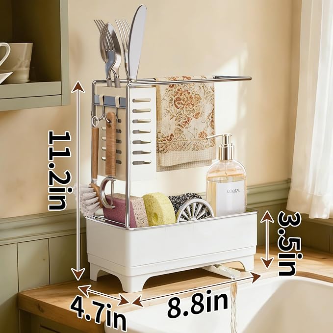 MOUKABAL 2-Tier Sponge Holder for Kitchen Sink Caddy Organizer,Off-white | Large Capacity/Rustproof Stainless Steel/360° Rotating Drain Keeps Counter Dry/Holds Sponge & Soap Bottle/Easy-Clean Tray